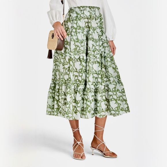 MAJE Jitale Printed Ruffled Maxi Skirt Green Cotton Voile US6 - Picture 3 of 13